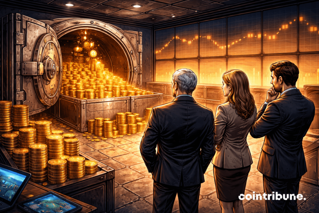 Dans une salle de trésorerie corporate, des piles de Bitcoin sont ajoutées méthodiquement dans un coffre sous le regard des dirigeants.