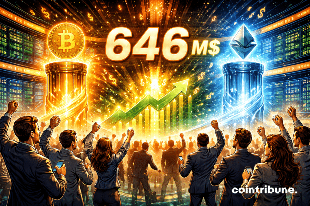 En un vestíbulo de apertura de mercado, dos columnas luminosas representan a Bitcoin y a ETH, rodeadas de flujos financieros. Los traders o analistas aplauden.