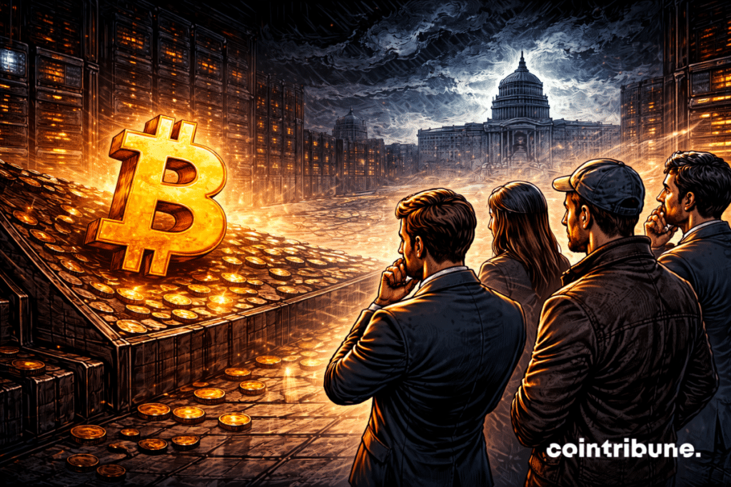 A Bitcoin stands surrounded by motionless investors, arms crossed, eyes fixed on a dark institutional horizon.