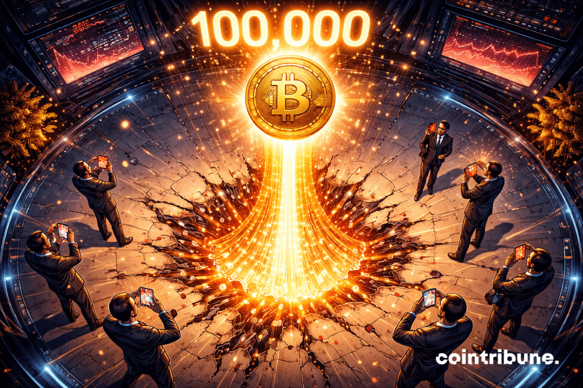 Un cercle de traders figés regarde une explosion contrôlée de données de liquidation. Une pièce de Bitcoin s’élève verticalement sous l’impulsion d’une traînée de chiffres jusqu’à « 100 000 ».