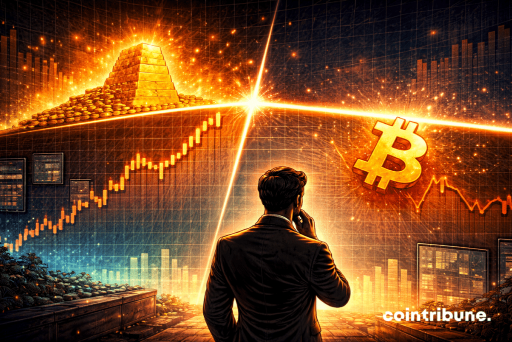 Une ligne de sommet abstraite est franchie par l’or, tandis que le Bitcoin s’arrête juste en dessous d’une ligne de résistance lumineuse.