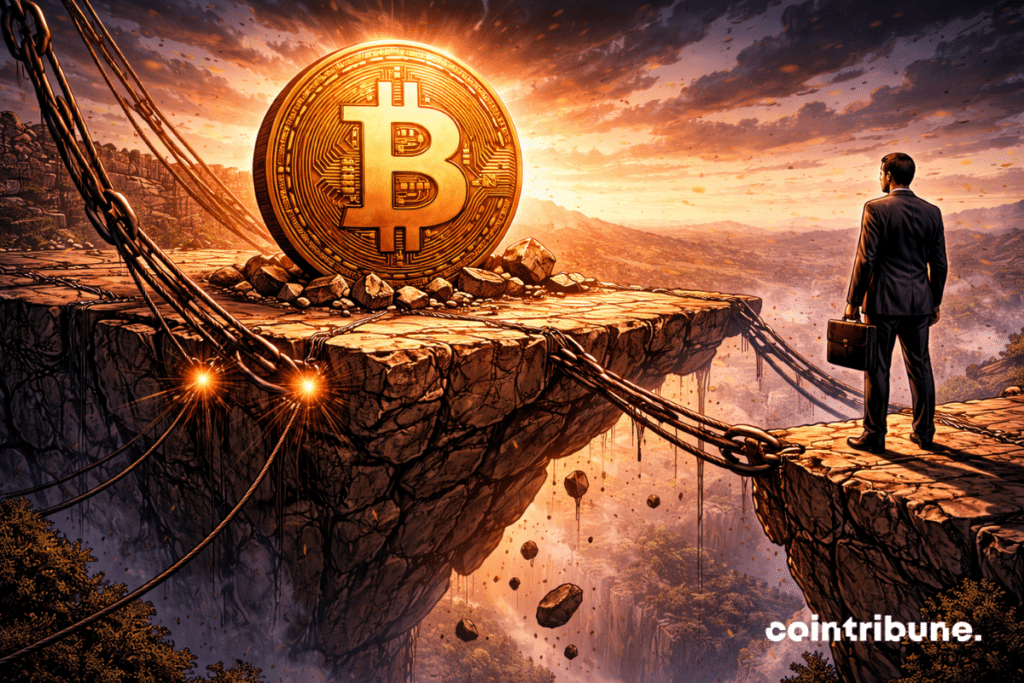 Una plataforma está suspendida con un Bitcoin en el centro. Los cables se aflojan ligeramente, lo que sugiere una pérdida de soporte.