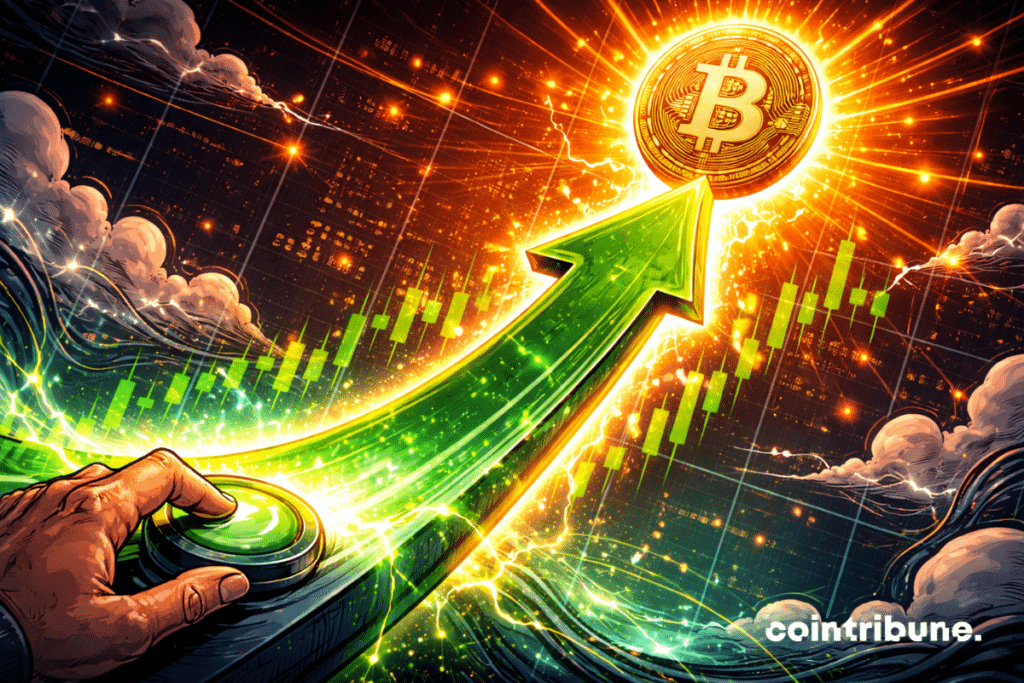 Zoom sur un graphique sur lequel des chandeliers verts se transforment en une flèche géante pointant une pièce Bitcoin. Un trader tend la main pour appuyer sur un bouton ou un écran.