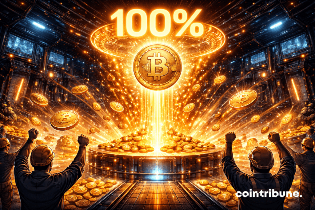 Dans une mine d’or futuriste, des pièces de Bitcoin extraites en masse jaillissent d’un socle lumineux où apparaît un 100 % holographique en apesanteur.