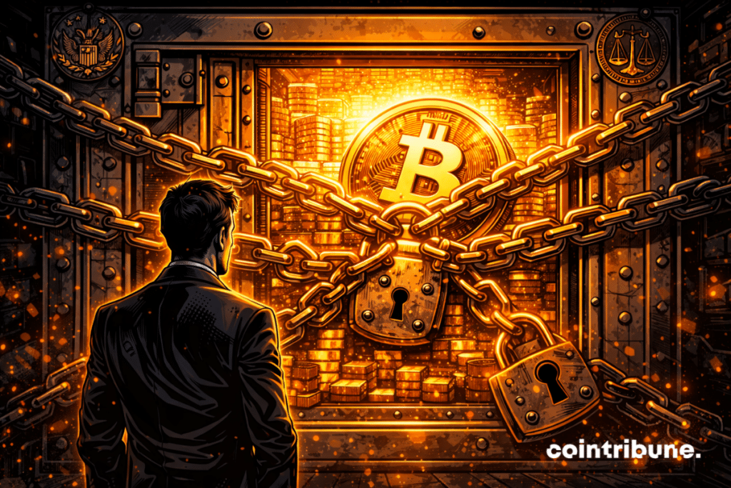 Un coffre stratégique marqué par des symboles étatiques est verrouillé par plusieurs cadenas. À l’intérieur, un Bitcoin irradie, mais reste inaccessible.
