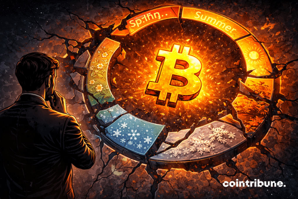 Un calendrier circulaire représentant les saisons est déformé ou brisé. Le Bitcoin flotte au centre, hors du cycle habituel.