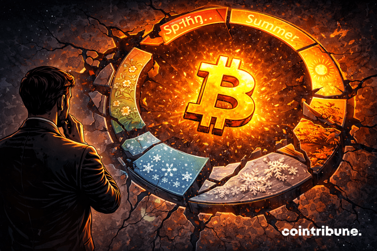 Un calendrier circulaire représentant les saisons est déformé ou brisé. Le Bitcoin flotte au centre, hors du cycle habituel.
