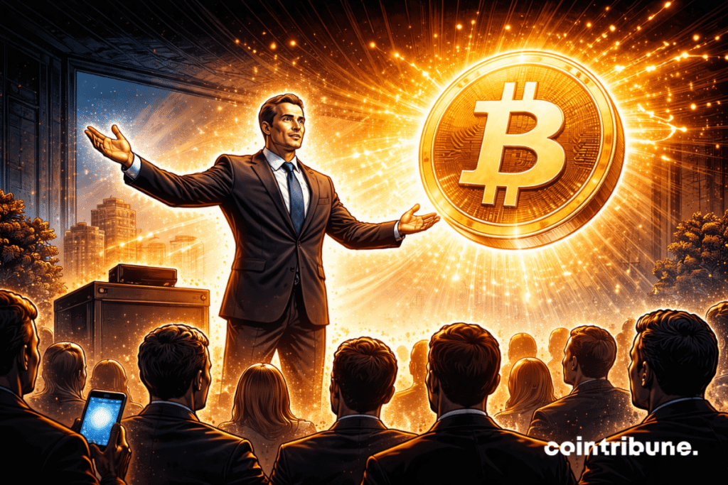 Un personaje inspirado en Michael Saylor está de pie, con los brazos ligeramente abiertos, frente a siluetas borrosas que representan a los críticos. Un Bitcoin luminoso flota tranquilamente a su lado.