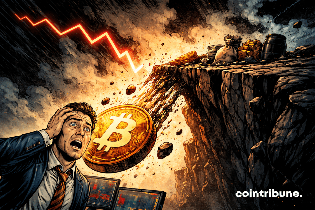 Le symbole Bitcoin tombe d’une falaise avec un graphique cassé et un trader en arrière-plan.