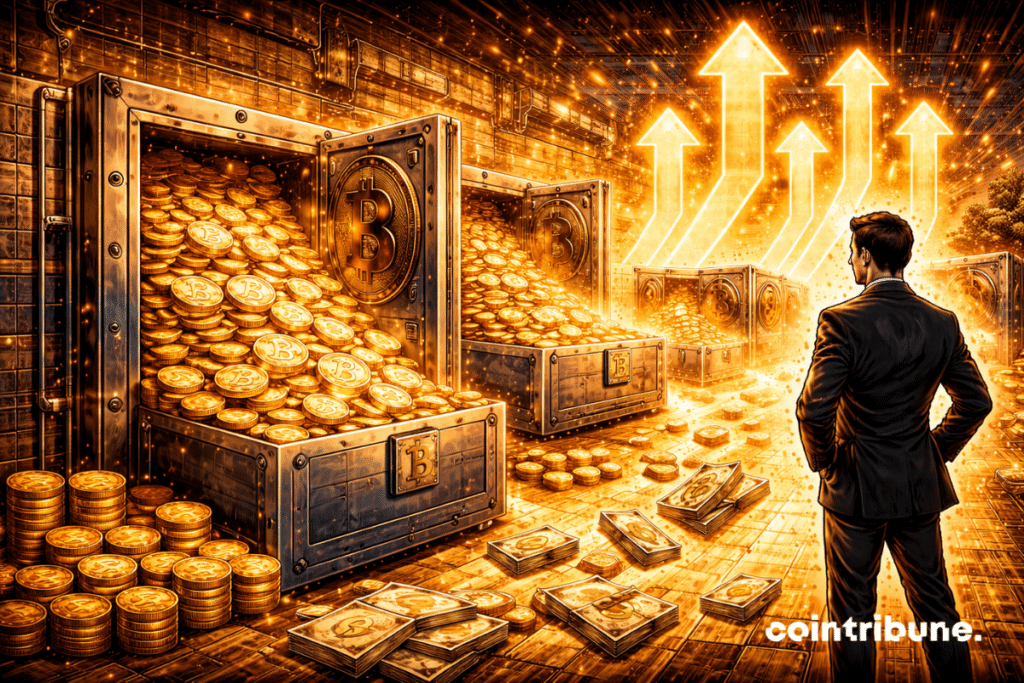 A large institutional vault room filled with safes overflowing with shimmering Bitcoin coins. Bright arrows rise around, illustrating the growth of treasuries.