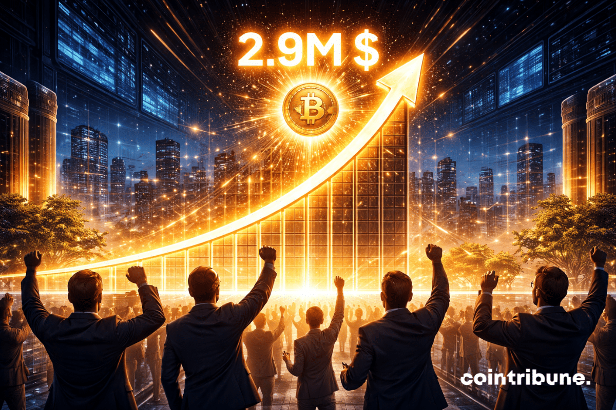 Un graphique futuriste du Bitcoin s’élève depuis le sol, atteignant une barre lumineuse avec le chiffre 2,9 M $ au sommet. Des silhouettes regardent avec admiration.