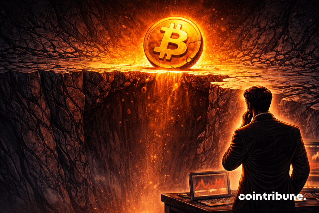 Le Bitcoin se tient sur une ligne étroite lumineuse, tandis qu’un abîme profond s’étend juste devant lui.