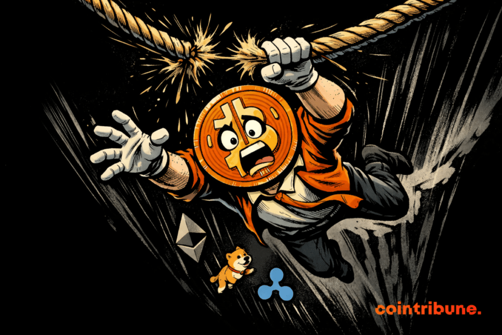 A comic-style Bitcoin character clings to a breaking rope over a dark abyss as other cryptocurrencies fall below, drawn in a dramatic 1970s illustration with strong black and orange contrasts.