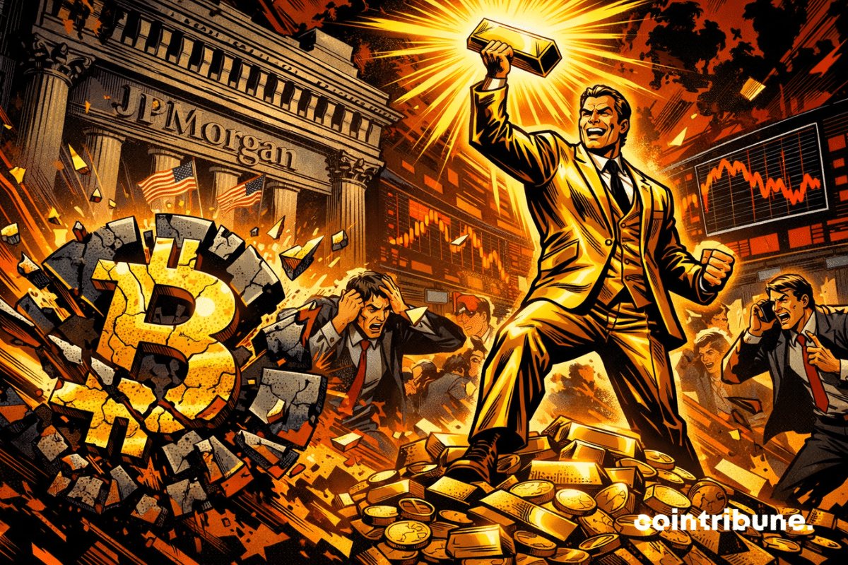 Un héros doré façon bande dessinée triomphe alors que le Bitcoin s'effondre, le chaos règne sur le parquet des marchés.