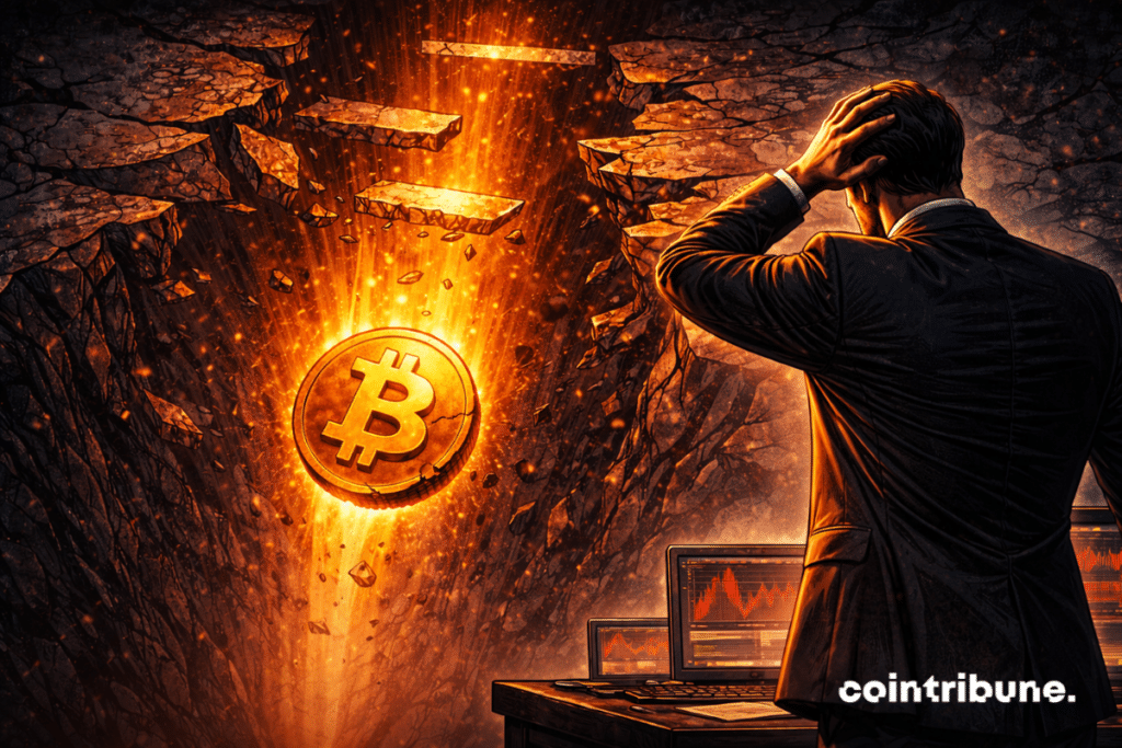 Le Bitcoin chute verticalement dans un puits sombre, laissant derrière lui des niveaux de support éclatés.