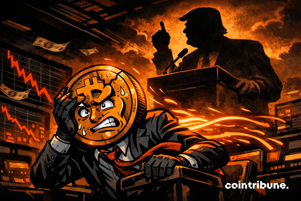 A stressed, humanized Bitcoin slumps in a dark trading room as glowing orange capital streams flow out, while a shadowy Trump silhouette looms at a podium behind falling market charts.