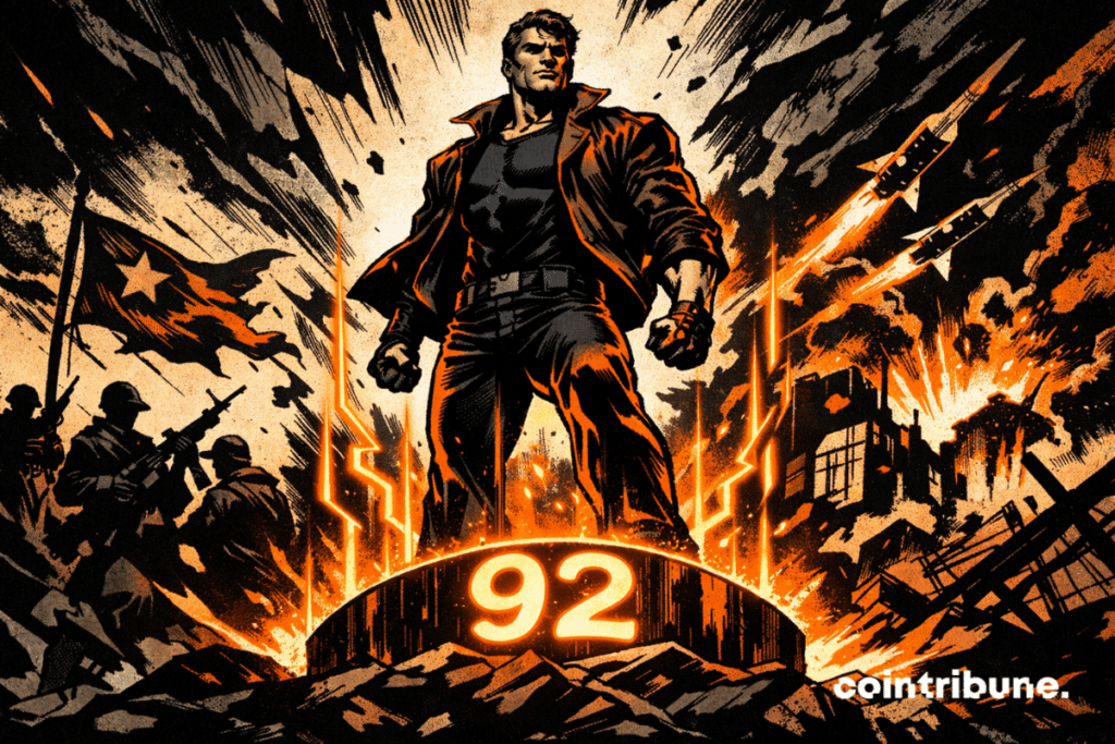 Uma ilustração em quadrinhos no estilo dos anos 1970 mostra uma poderosa figura Bitcoin em pé sobre um pedestal brilhante marcado com o número 92, cercada por uma energia laranja, enquanto o caos global se aproxima ao fundo.