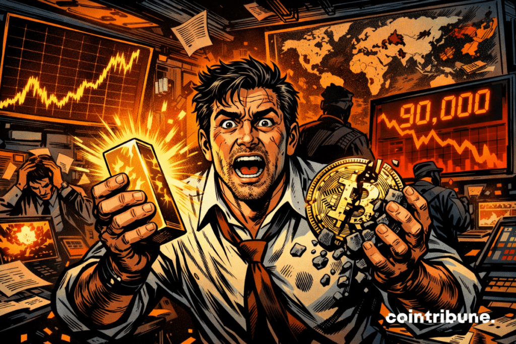 Trader holds glowing gold bar and crumbling Bitcoin coin in chaotic war room scene.