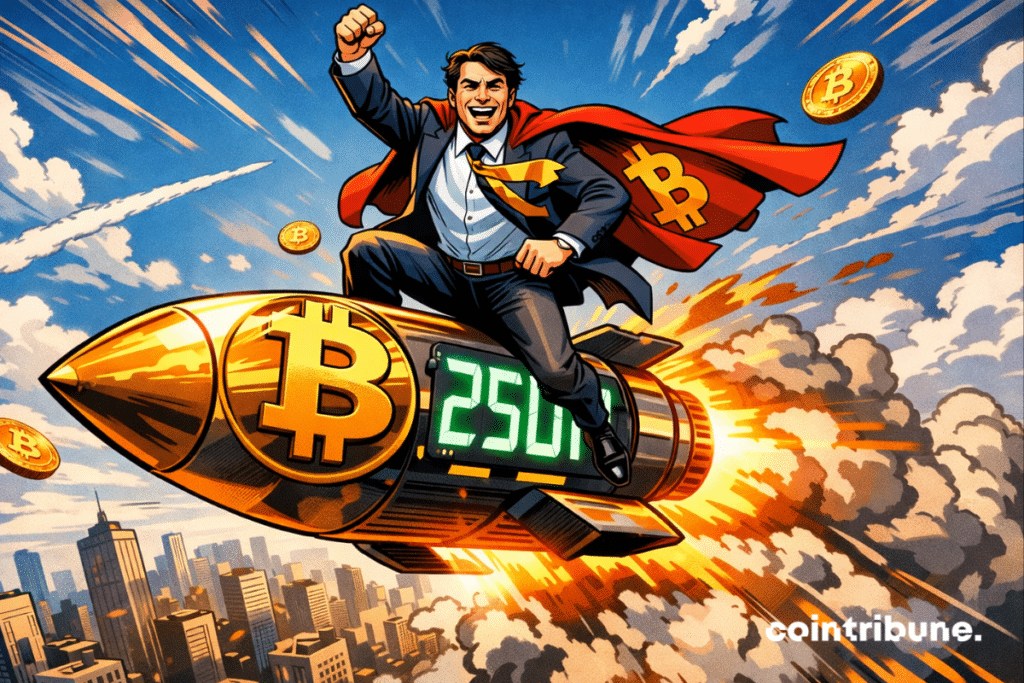Imagen de estilo cómic de Tim Draper montado en un cohete Bitcoin con «250K» en el cielo sobre una ciudad.