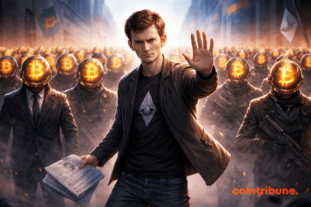 Vitalik Buterin lève la main face à une foule casquée pro-Bitcoin, dénonçant l’imposition forcée du BTC.