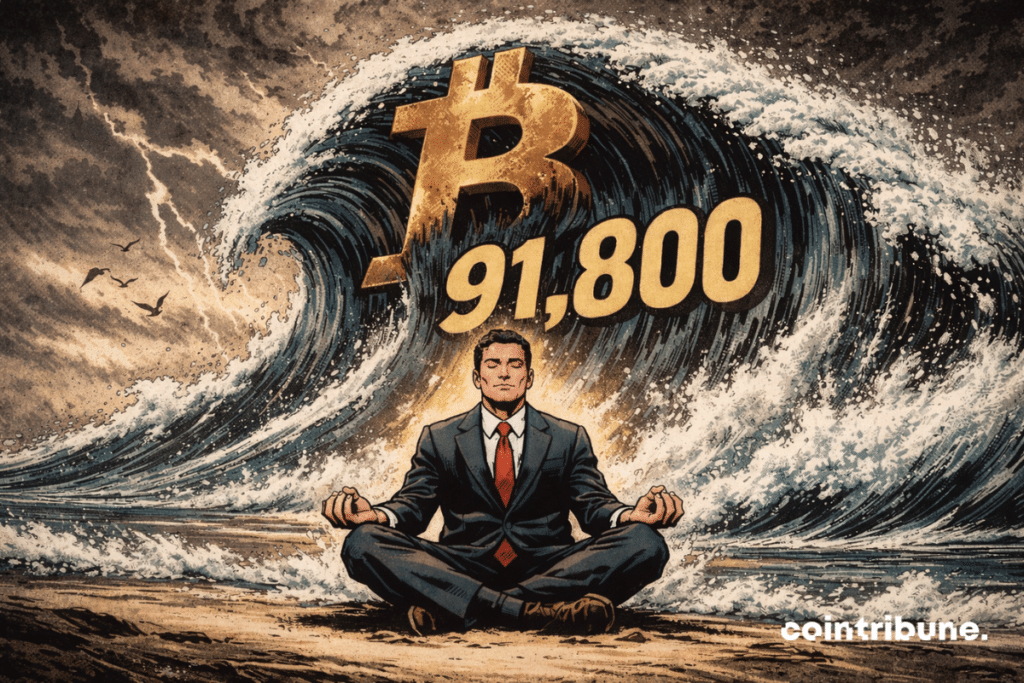 A man meditating on a beach, facing a huge Bitcoin tsunami bearing the number 91,800. Intense atmosphere.