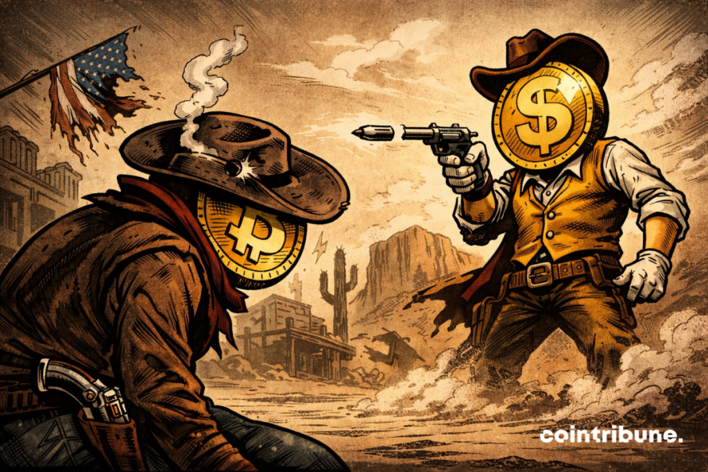 Duel western tendu : Bitcoin blessé à genoux, face à une pièce d’or triomphante, revolver fumant, décor désertique dramatique.