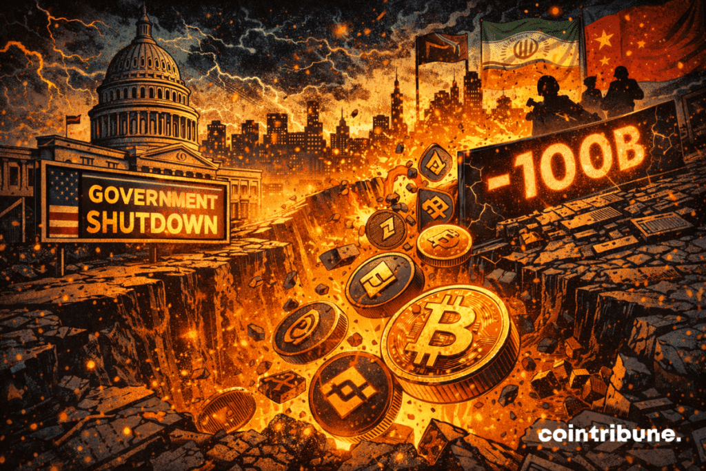 Le Capitole effondré, des cryptos tombent dans un gouffre en flammes, -100B s’affiche, sur fond de chaos mondial.