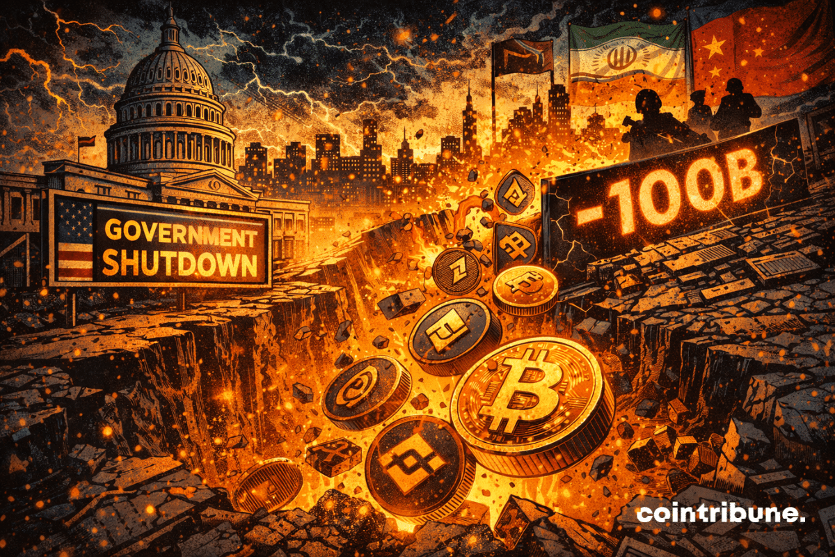 Le Capitole effondré, des cryptos tombent dans un gouffre en flammes, -100B s’affiche, sur fond de chaos mondial.