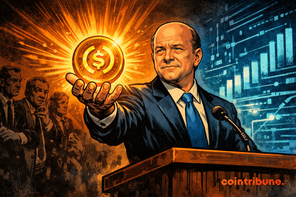 Jeremy Allaire brandishes a glowing stablecoin in front of concerned bankers, against a backdrop of bright digital graphics.