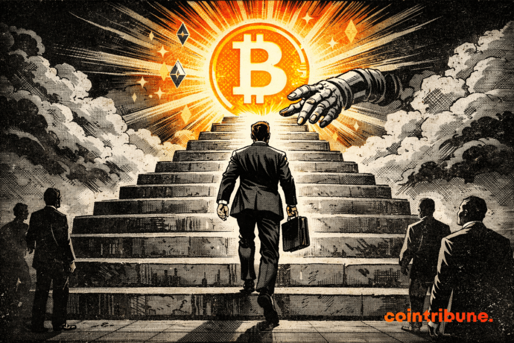 A businessman climbs a monumental staircase toward a glowing Bitcoin under a stormy sky, watched by other figures.