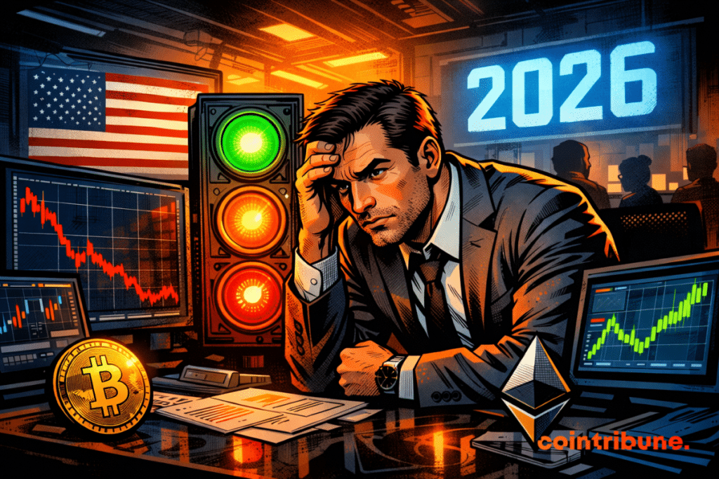 A concerned analyst observes flashing lights, surrounded by crypto screens, under dramatic lighting, in a tense atmosphere, in the year 2026.