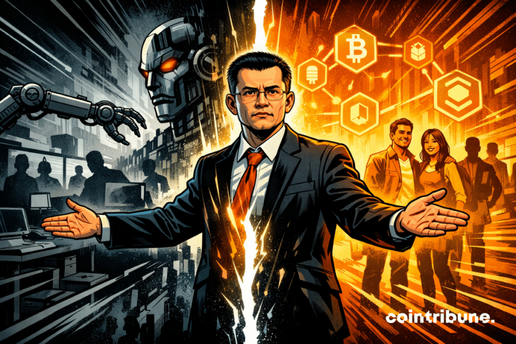 CZ stands at the center of a fractured scene, with an AI-dominated workplace on one side and a glowing crypto-driven future with people on the other.