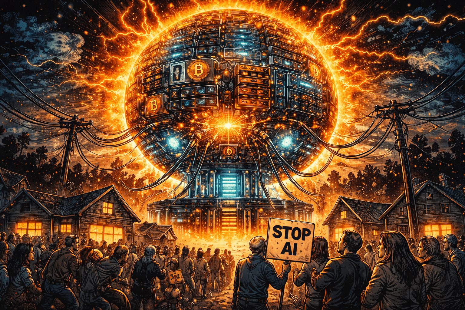 Une ligne de sommet abstraite est franchie par l’or, tandis que le Bitcoin s’arrête juste en dessous d’une ligne de résistance lumineuse.