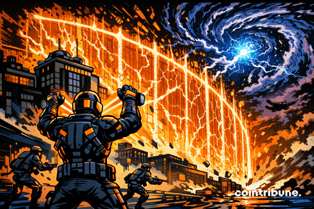 Des soldats futuristes déploient un bouclier orange lumineux pour bloquer une tempête quantique qui menace la ville.