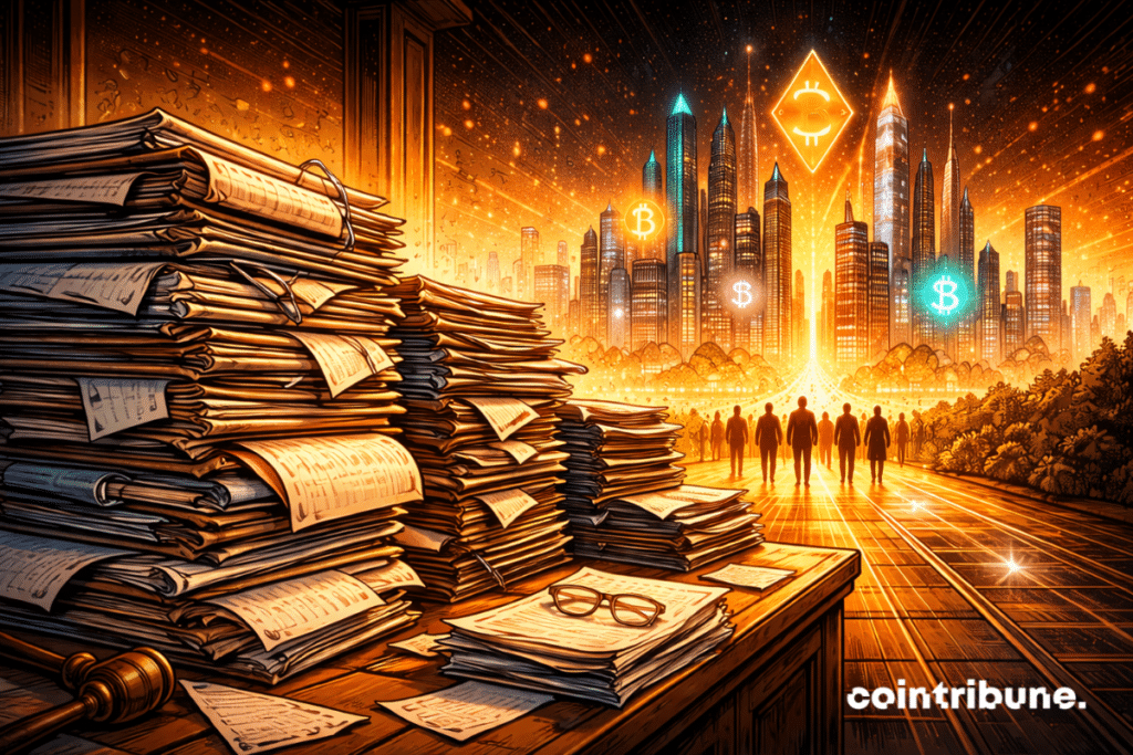 Los expedientes legislativos relacionados con el CLARITY Act están estancados en primer plano. Detrás, una ciudad futurista de criptomonedas sigue creciendo, bañada de luz naranja. Siluetas de emprendedores de criptomonedas están en movimiento.