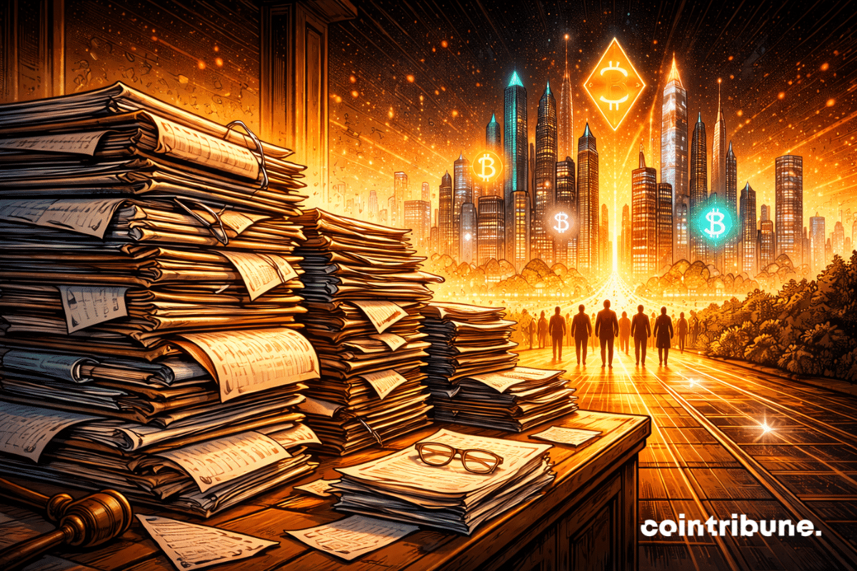 Des dossiers législatifs liés au CLARITY Act sont immobiles au premier plan. Derrière, une ville crypto futuriste continue de croître, baignée de lumière orange. Des silhouettes d’entrepreneurs crypto sont en mouvement.