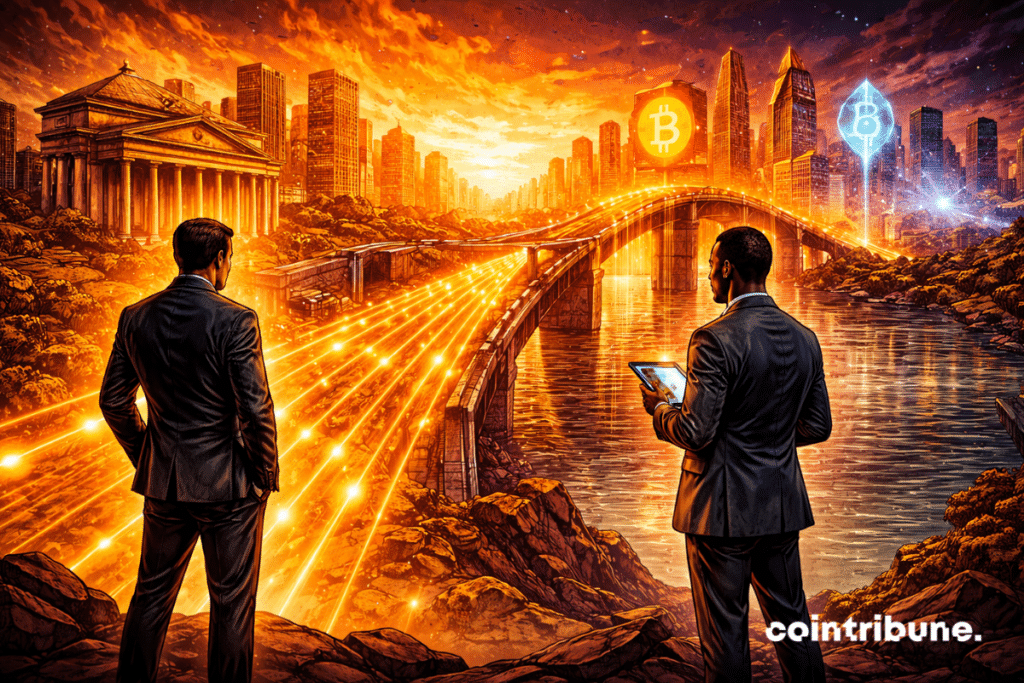 A financial bridge is being built between a banking city and a futuristic crypto city, with glowing flows already running across it, under the watchful eye of David Sacks.