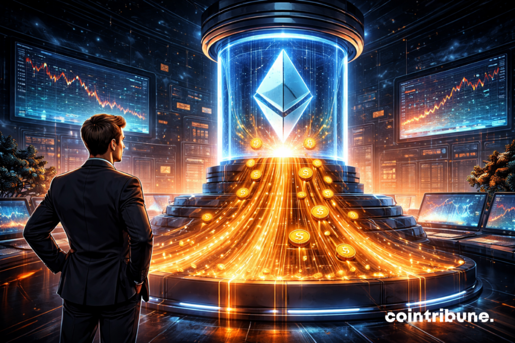 Orange streams flow from a translucent digital capsule containing the Ethereum logo, resembling income lines under the gaze of a crypto engineer, symbolizing the distribution of staking rewards.