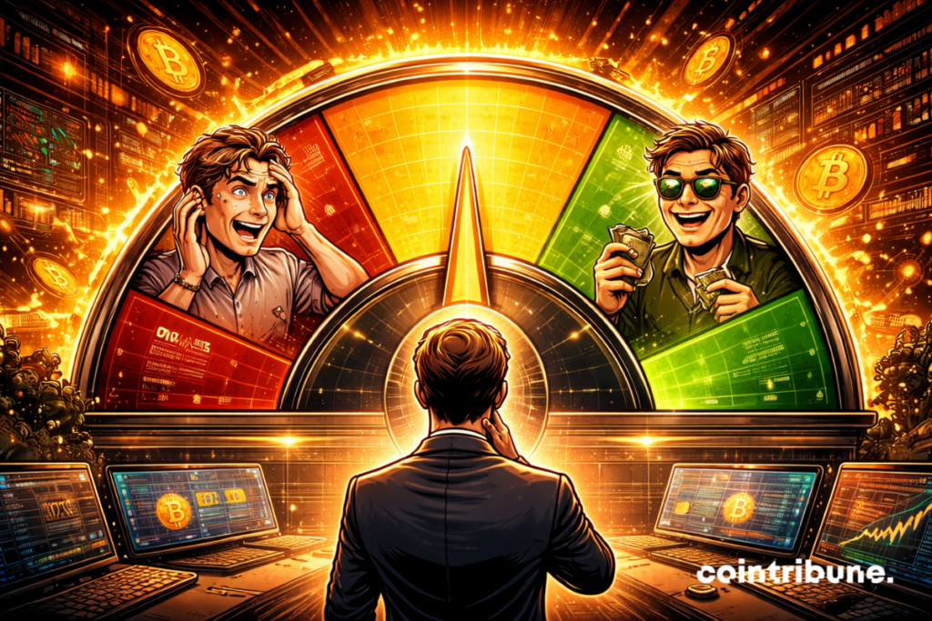 En un cuadrante circular estilizado, con una aguja apuntando al centro “neutral”, un trader cripto observa a cada lado a la codicia y al miedo personificados, simbolizando el regreso del Fear & Greed Index a la neutralidad.