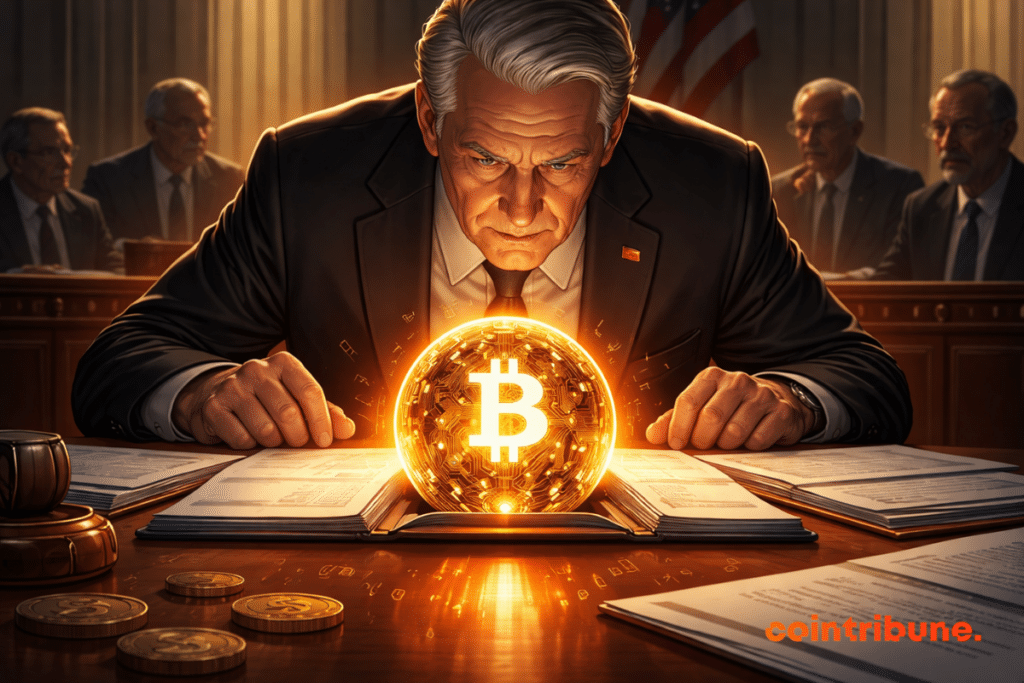 A stern U.S. senator leans over a committee table, staring at a glowing crypto sphere emerging from an open legislative folder in a dark hearing room.