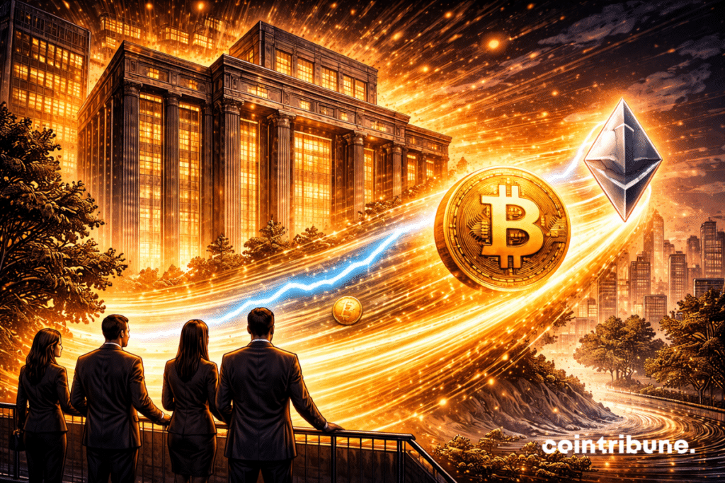 Un immense bâtiment institutionnel (type Morgan Stanley) agit comme un moteur. Depuis sa façade, une vague d’énergie crypto se propage vers l’avant, illuminant des symboles Bitcoin et Ethereum.