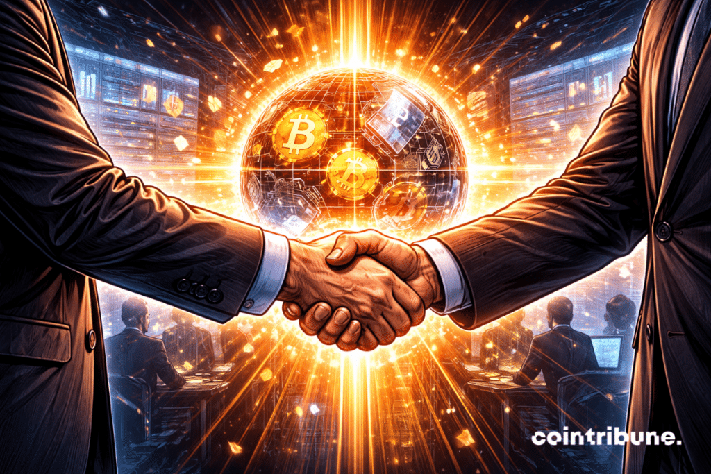 Un apretón de manos en primer plano entre dos directivos institucionales (Nasdaq y CME Group). Entre sus manos, se materializa un globo digital cripto.