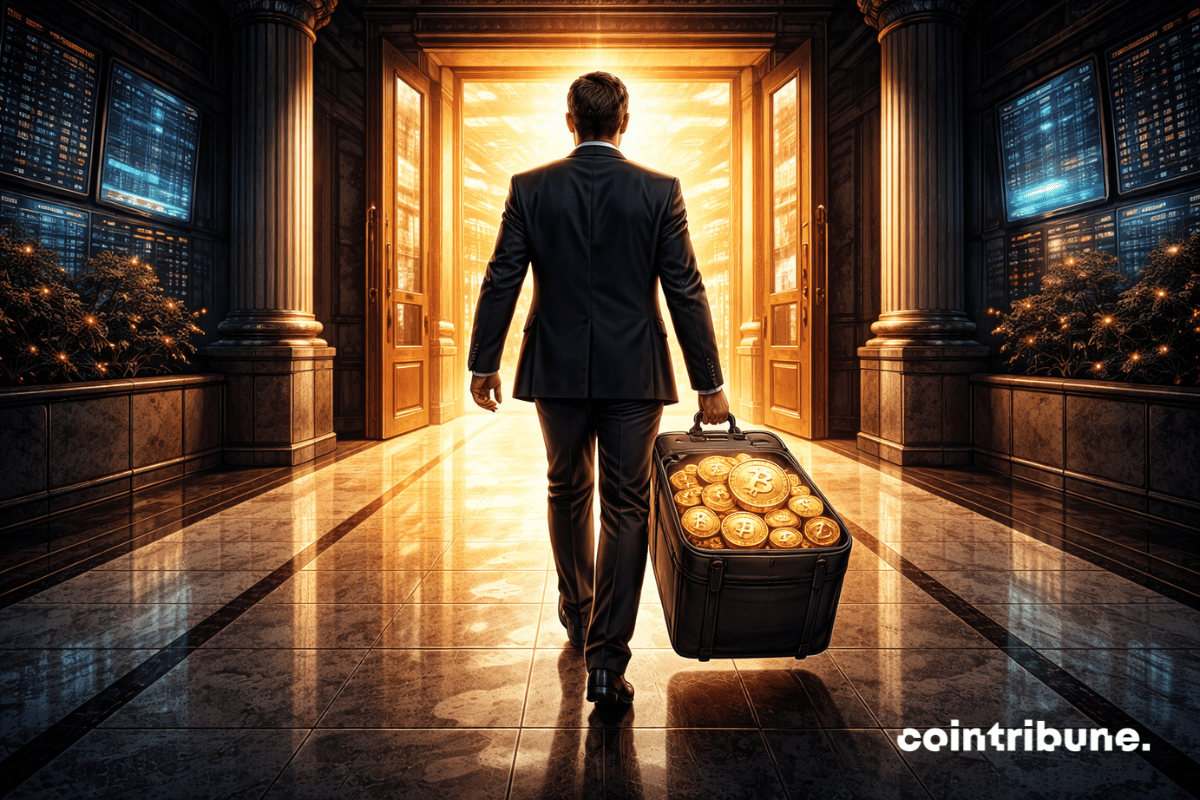 Une silhouette associée à Ripple tourne le dos, s’éloignant avec une valise pleine de pièces XRP au fond d’un couloir financier, des portes ouvertes sur la Bourse.