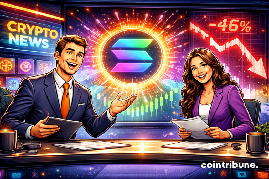 Des analystes crypto sourient devant un logo Solana lumineux, tandis qu’un graphique de -46 % passe discrètement en arrière-plan.