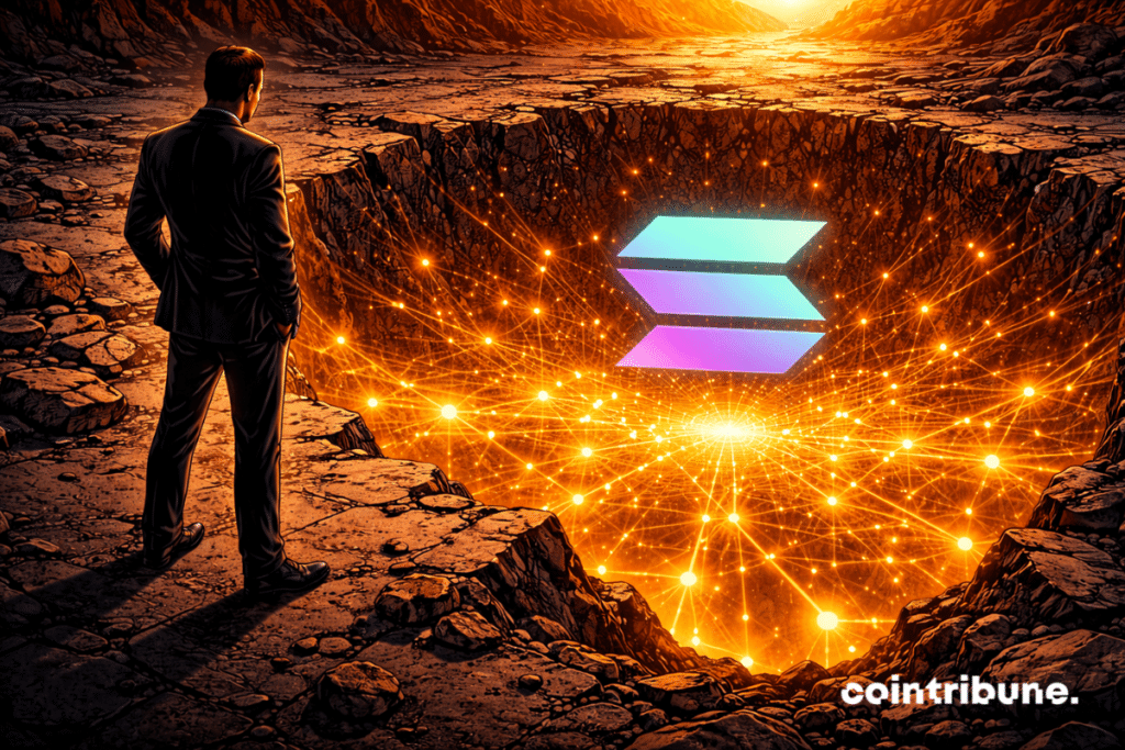 La crypto Solana repose sur un sol fissuré, semblant s’enfoncer légèrement. Sous la surface, des flux lumineux on-chain soutiennent la structure.