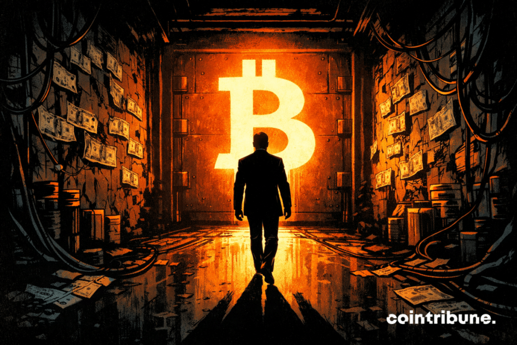 Une silhouette de Warsh marchant dans un couloir sombre vers une porte marquée « FED », éclairée par un Bitcoin géant.