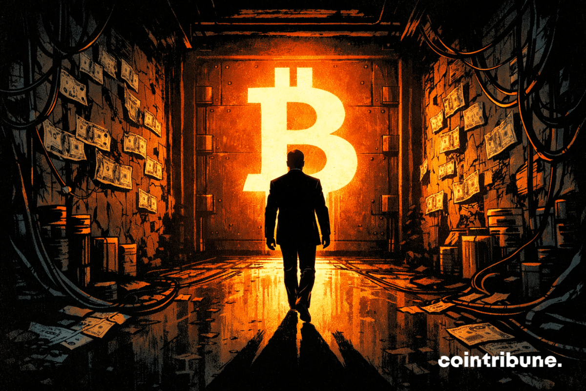 Une silhouette de Warsh marchant dans un couloir sombre vers une porte marquée « FED », éclairée par un Bitcoin géant.