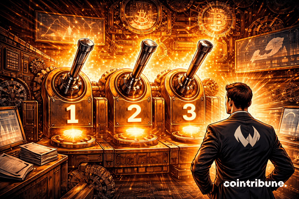 Une grande machine financière crypto est à l’arrêt. Trois leviers numérotés 1 – 2 – 3 sont sur le point d’être actionnés. Une lumière commence à revenir dans les rouages sous le regard d’un représentant de Wintermute.