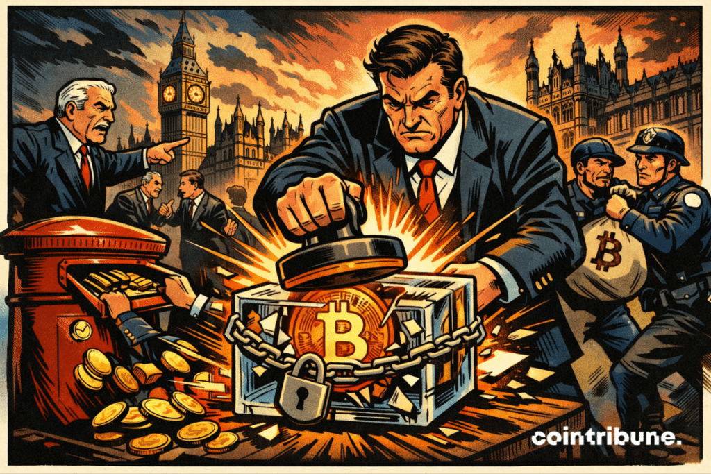 UK MP slams a Bitcoin in a vault as police seize crypto bags and coins spill from a postbox in front of Parliament.