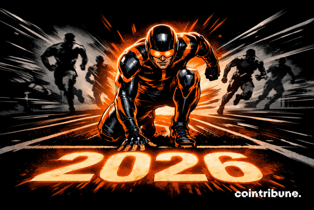A 1970s comic-style futuristic athlete crouches at a starting line marked 2026, glowing in orange as shadowy competitors trail behind in motion blur.